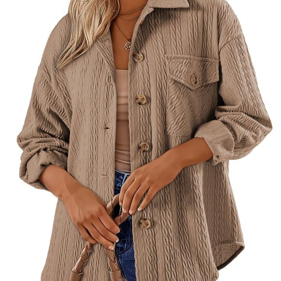 2/$40 Brown Neutral Textured Button Down Shirt Long Sleeve Shacket Oversized - Picture 5 of 5